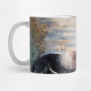 Black Cat In Garden Watercolour Cat Art Mug